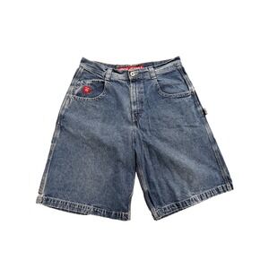 JNCO Jeans Carpenter Shorts Mens Blue Good Vintage 90s Red Crown Embroidered 34